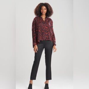 NATORI OCELOT OBI SILK CAFTAN SHIRT RED LEOPARD PRINT BLOUSE XL NWT